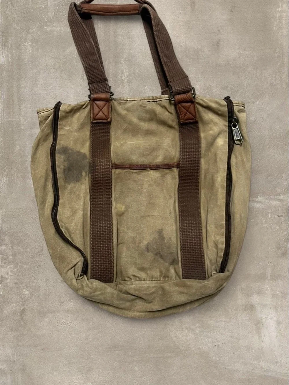 Duluth Trading Co Canvas Utility Tote Bag Tan Brown Leather Trim